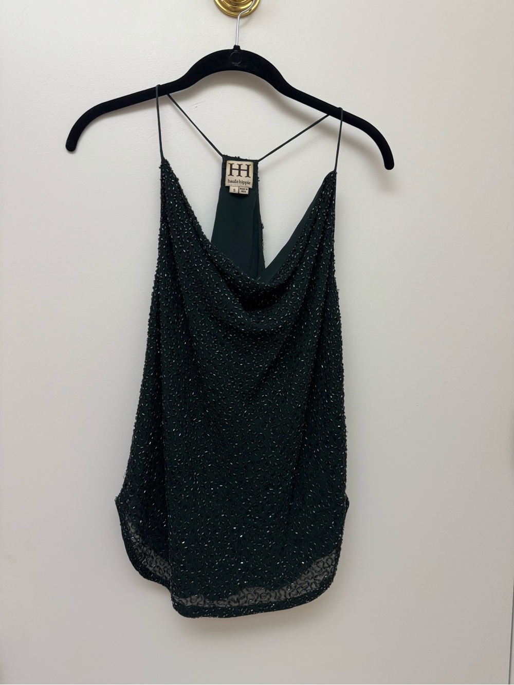 Haute Hippie Dark Emerald Beaded Cowl Camisole